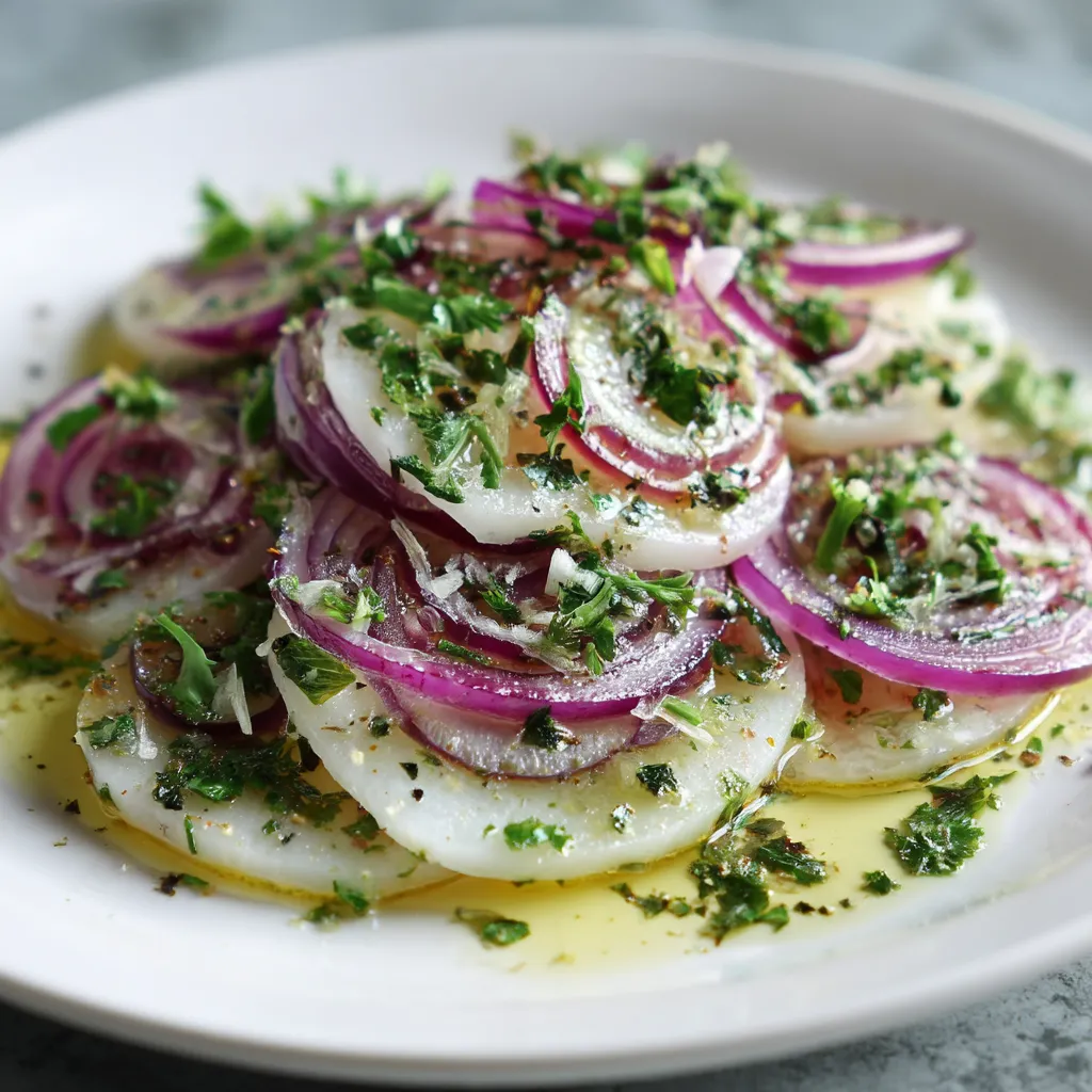Ein weißer Teller mit Kohlrabi Carpaccio, das mit einer Zitronen-Dressing garniert ist.