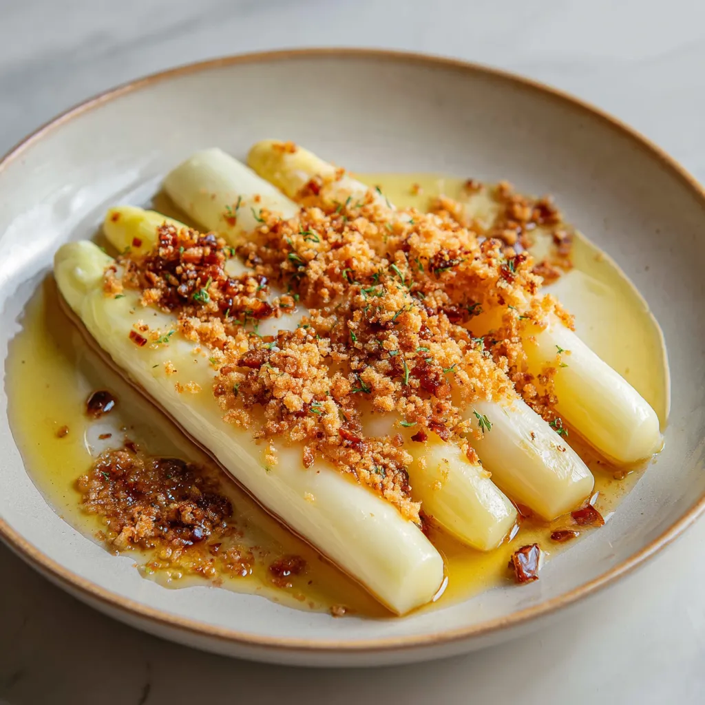 Ein weißer Asparagus mit braunen Butterkrusten auf einem Teller.