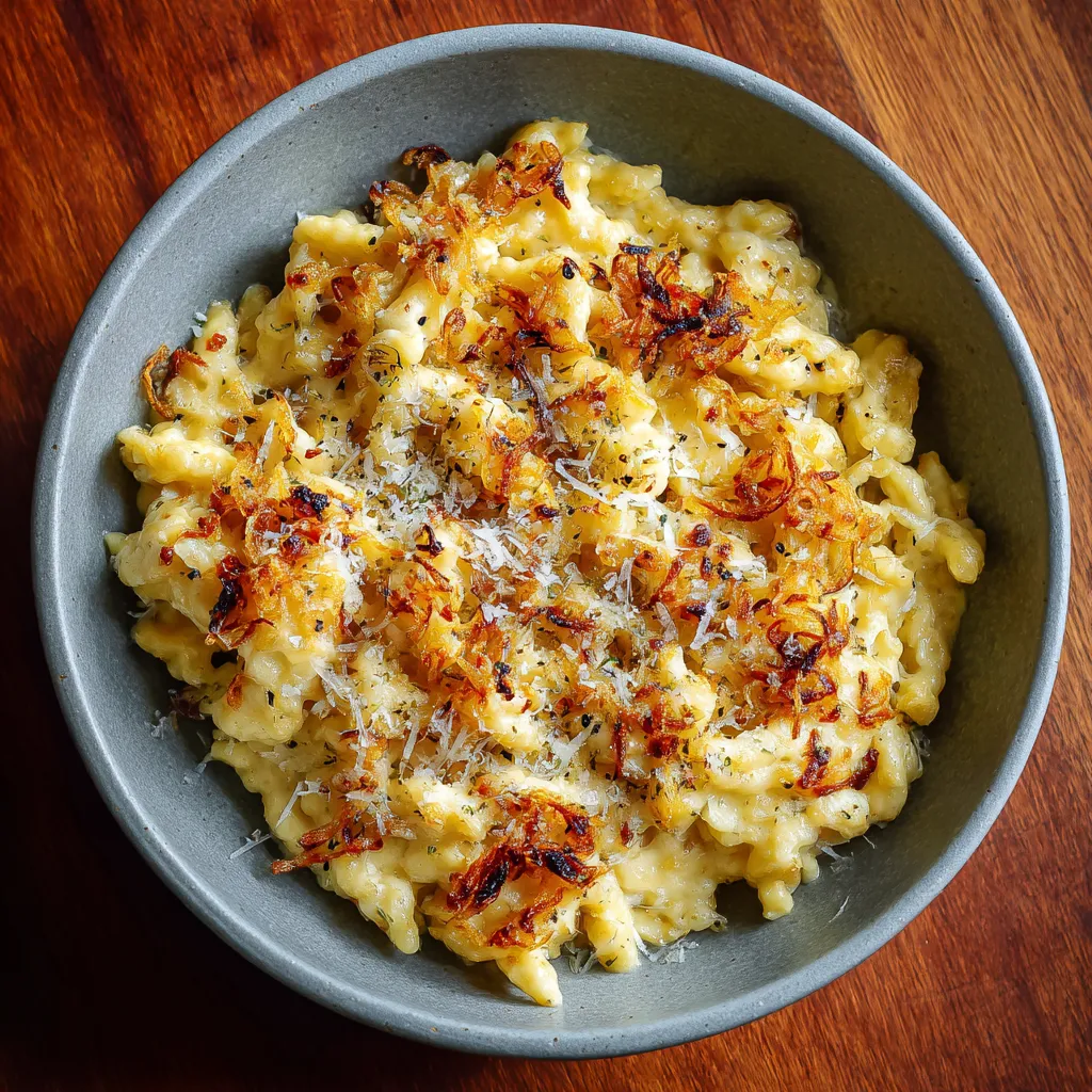 Ein Schälchen mit Käse Spätzle und Röstzwiebeln.