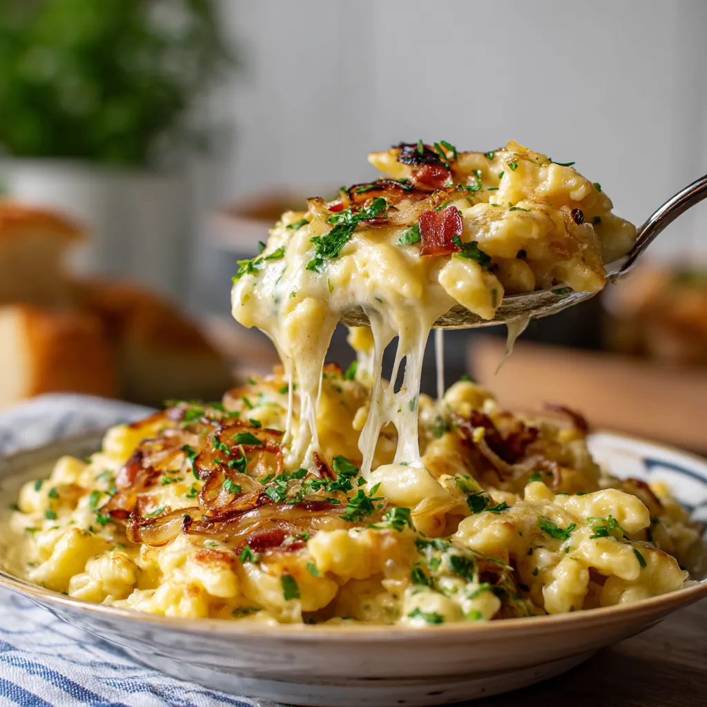 Ein Schälchen mit Käse Spätzle und Röstzwiebeln.