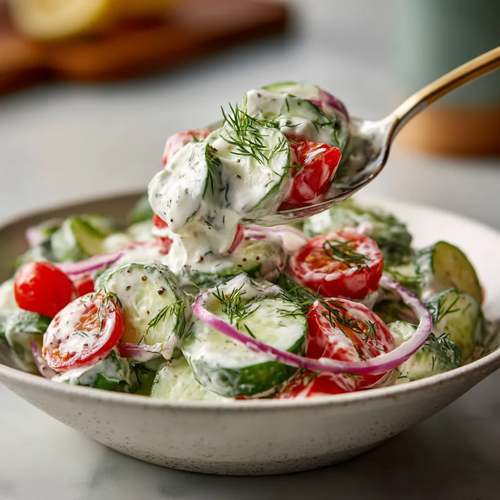 Ein Glas mit einer Cucumber-Dill Salat, die mit einer cremigen Sauce garniert ist.