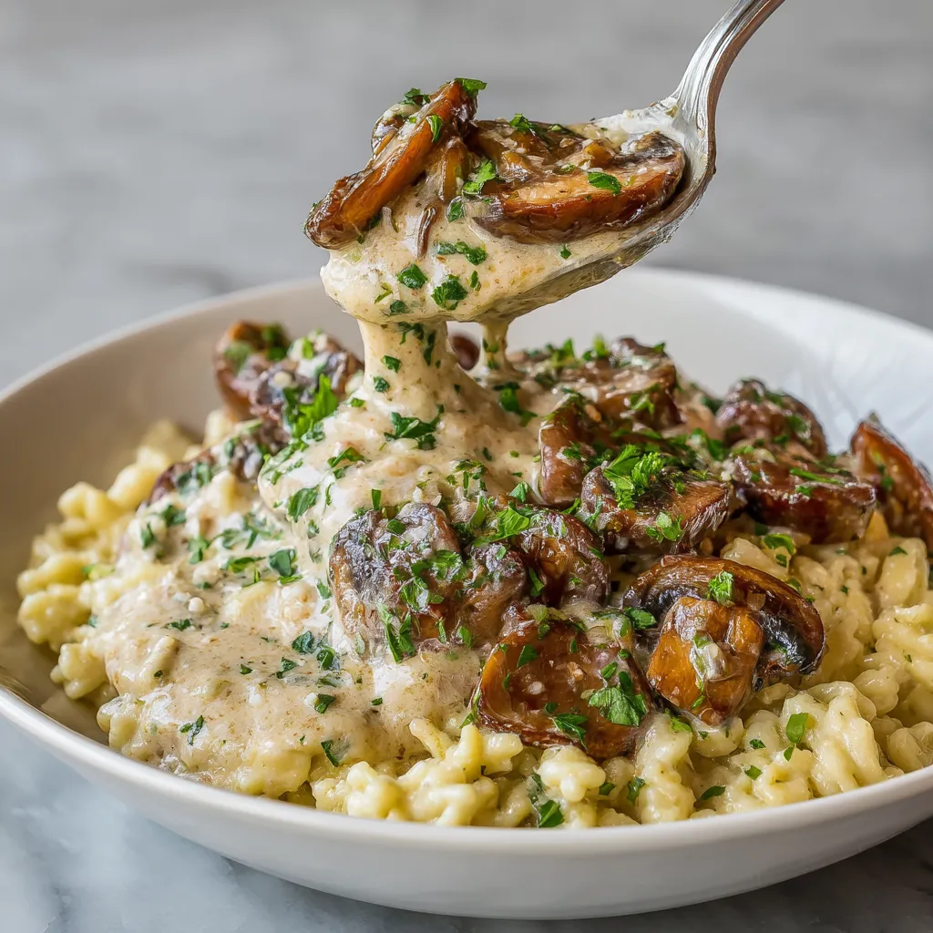 Ein weißer Teller mit Mushroom Stroganoff und Herb Spaetzle.
