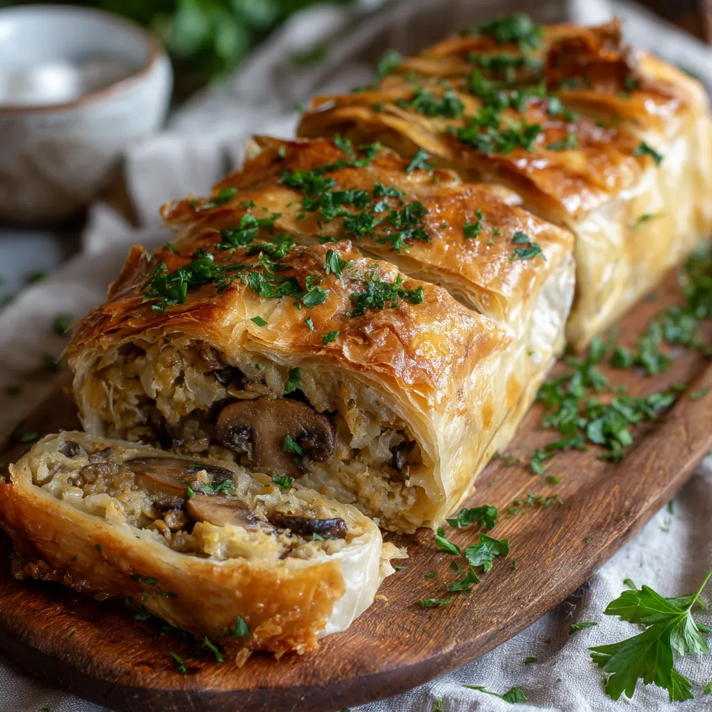 Ein großes Stück Sauerkraut & Mushroom Strudel auf einem Holzbrett.