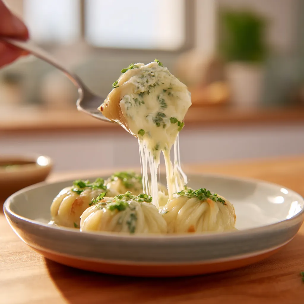 Ein weißer Teller mit herb-quark gefüllten Knödelchen.