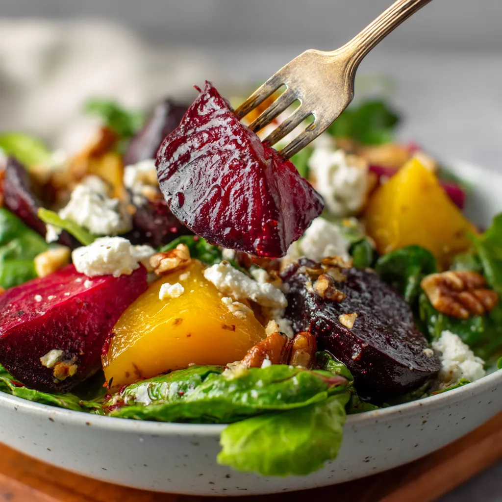 Ein Salat aus roasteten Beeten und Käse.