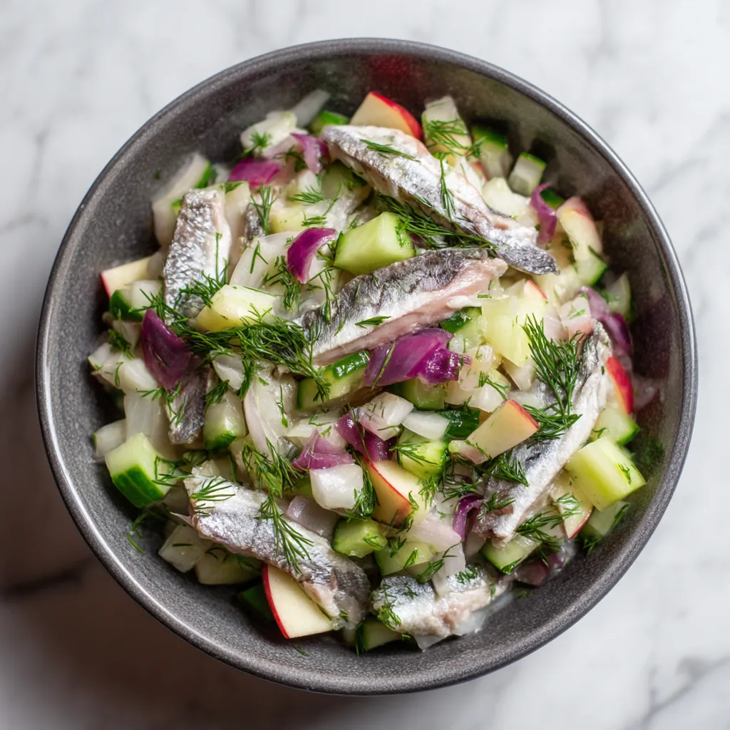 Ein Glas mit Matjes Herring Salat, der mit Apples und Dill zubereitet wurde.