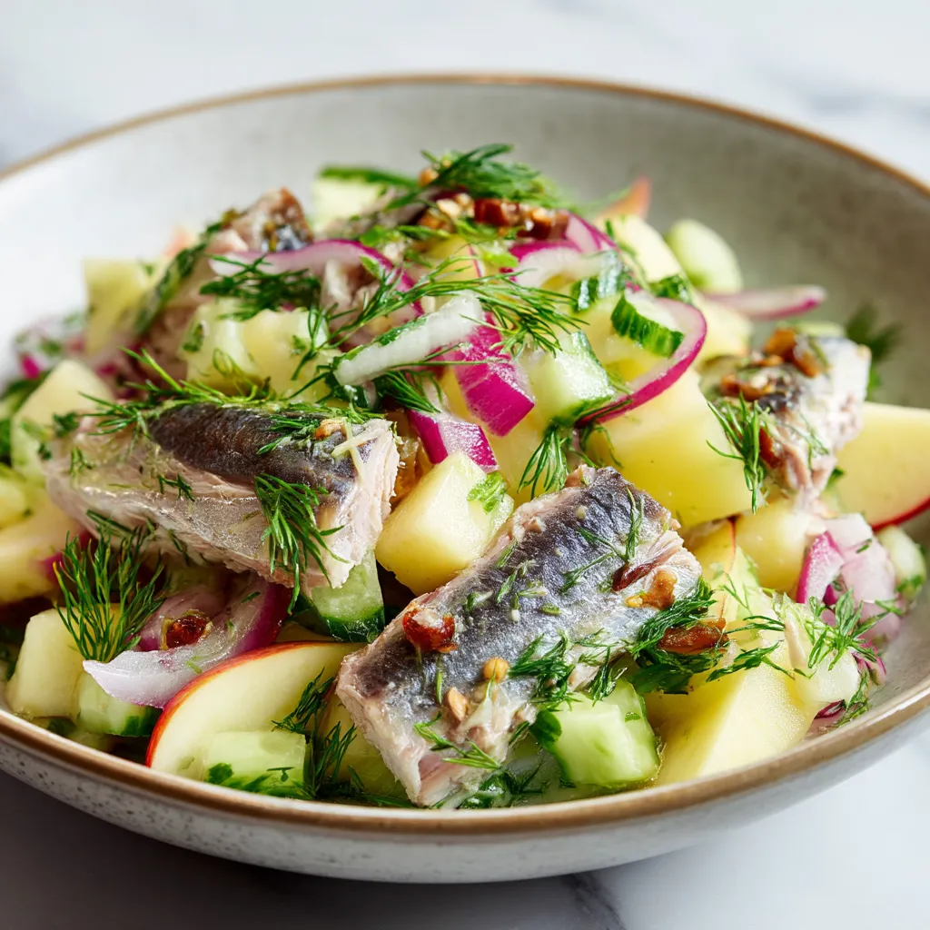 Ein Schüssel mit Matjes Herring Salat, der mit Apples und Dill zubereitet wurde.