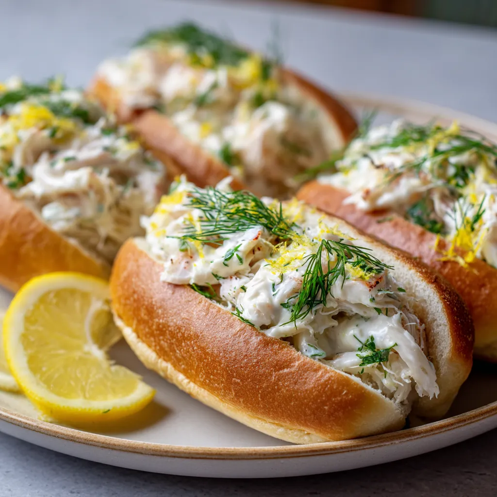 Ein Plate mit drei North Sea Crab Rolls, die mit Lemon Aioli garniert sind.