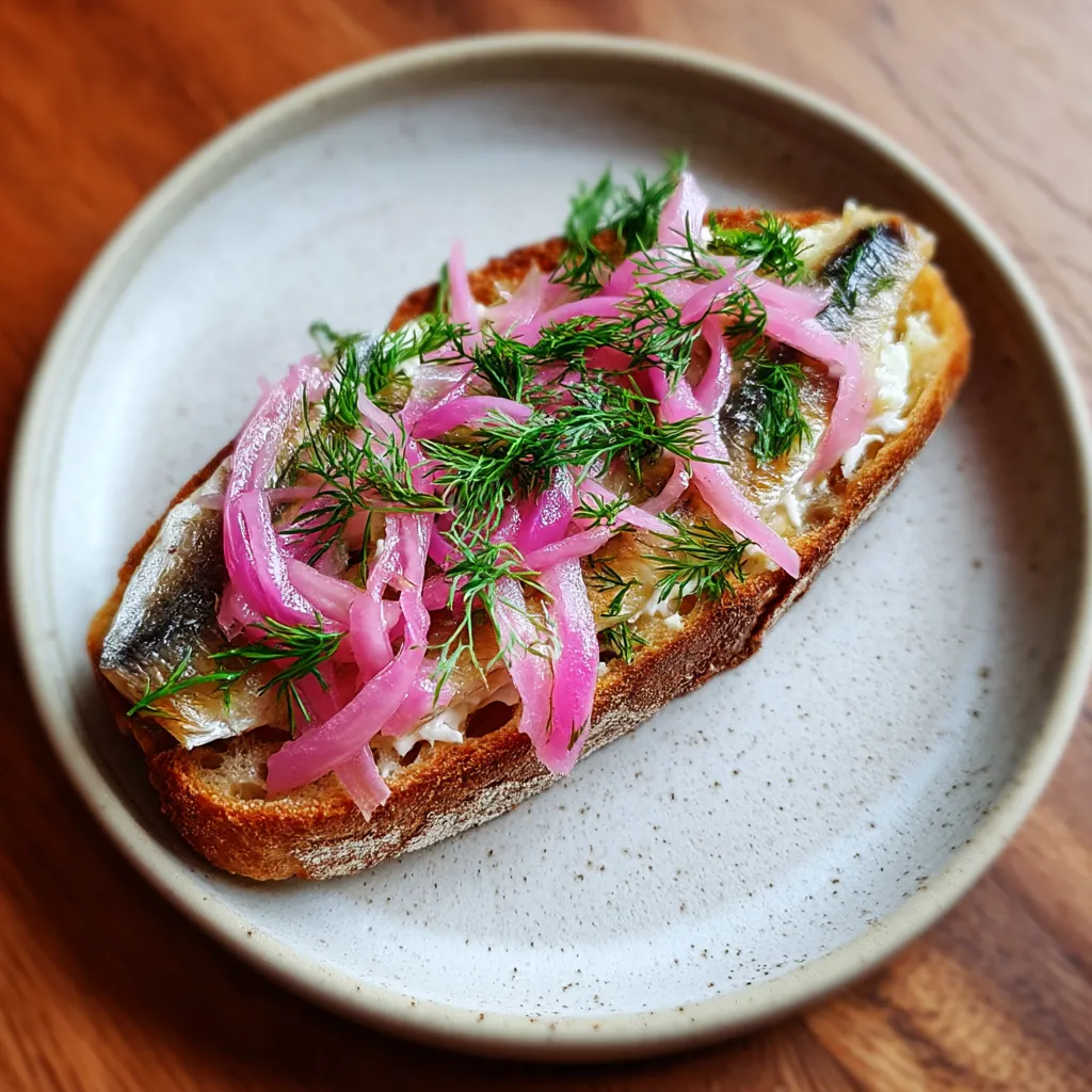 Ein Toast mit geröstetem Eel und Zwiebel.