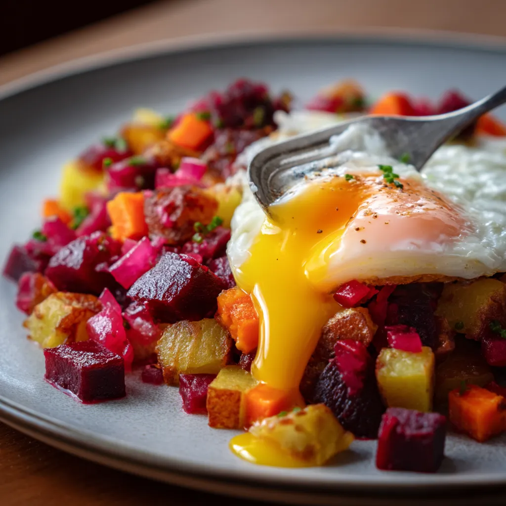 Ein Plate mit Labskaus, das mit Eiern und Gemüse zubereitet wurde.