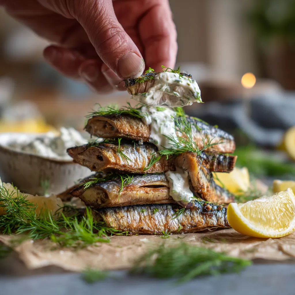 Ein Bild von einer Person, die eine Schüssel mit gerösteten Mackerel und einer Sauce aus Horseradish auf einem Tisch hält.
