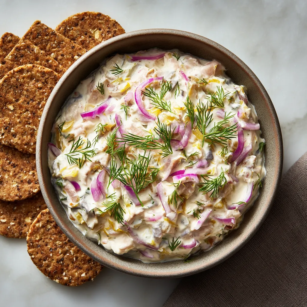 Ein Becher mit Buttermilch Herring Dip und Rye Crackers auf einem Tisch.