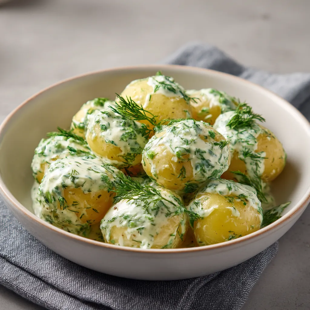 Ein weißer Teller mit gekochten Paprika, die mit einer Sauce aus Zwiebeln und Dill garniert sind.