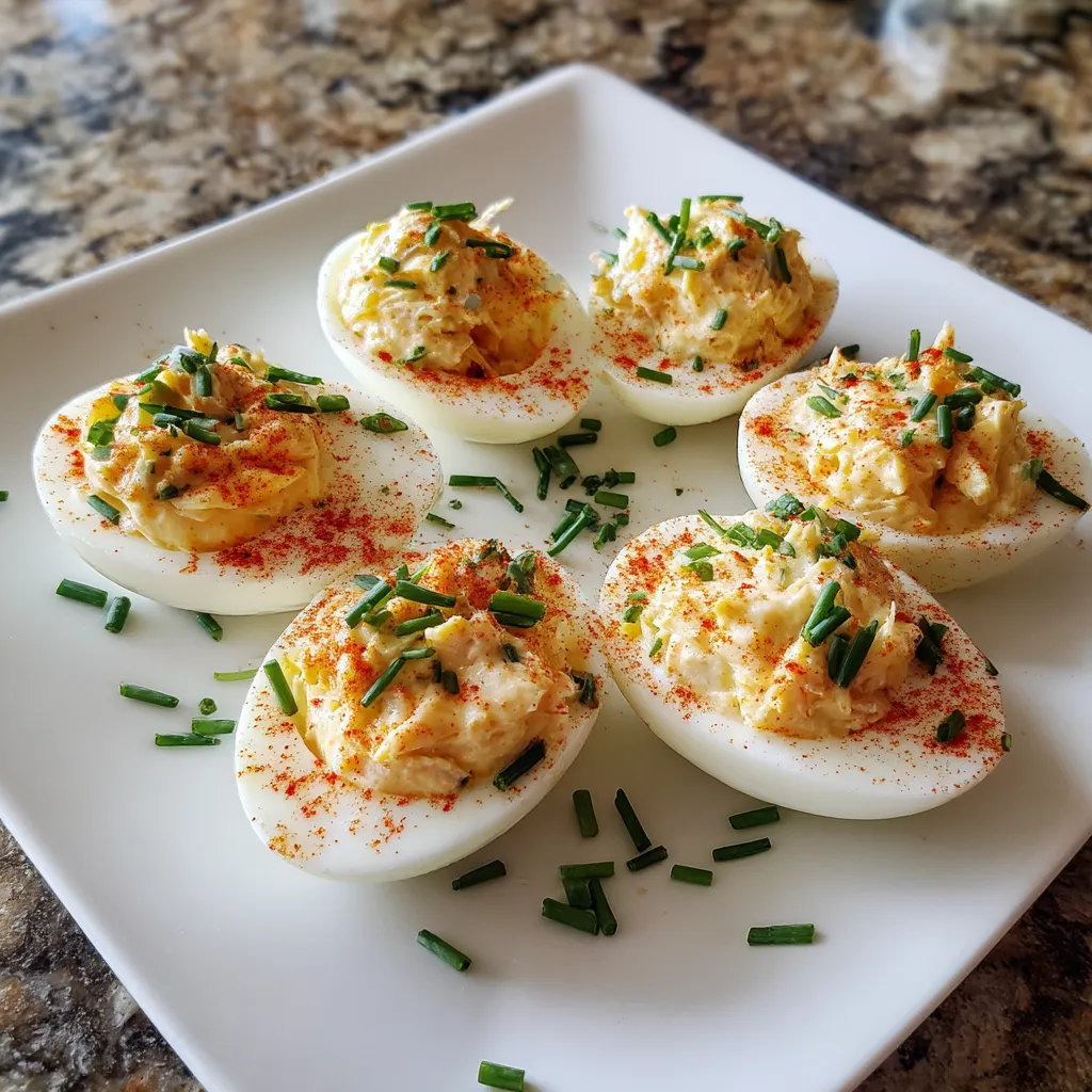 Ein weißer Teller mit sechs Crab-Stuffed Deviled Eggs darauf.