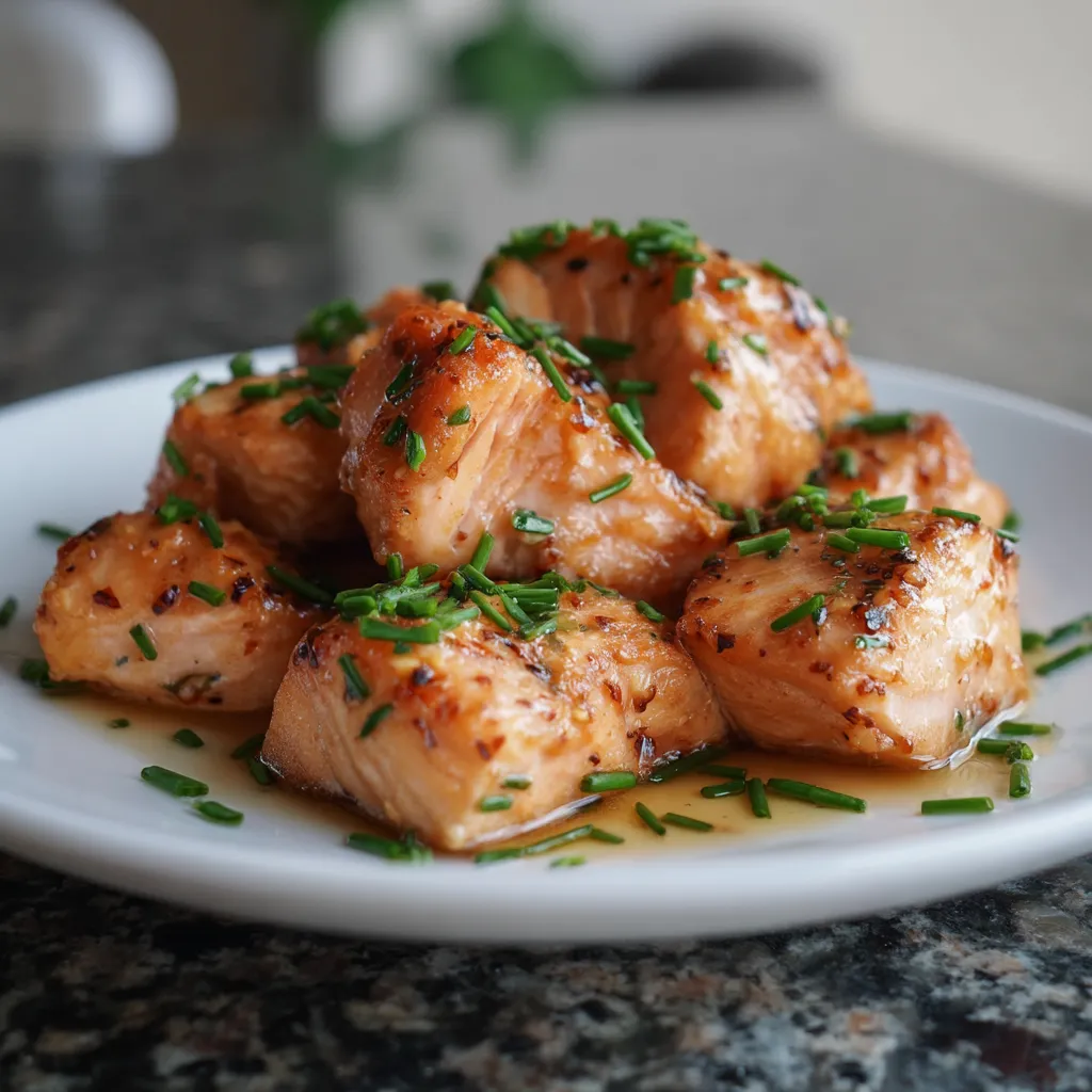 Ein weißer Teller mit Marinated Salmon Bites und Chives darauf.