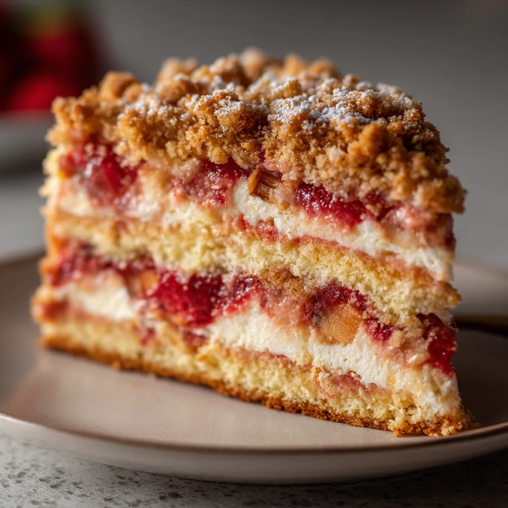 Ein Stück Strawberry Rhubarb Streusel Cake auf einem Plate.