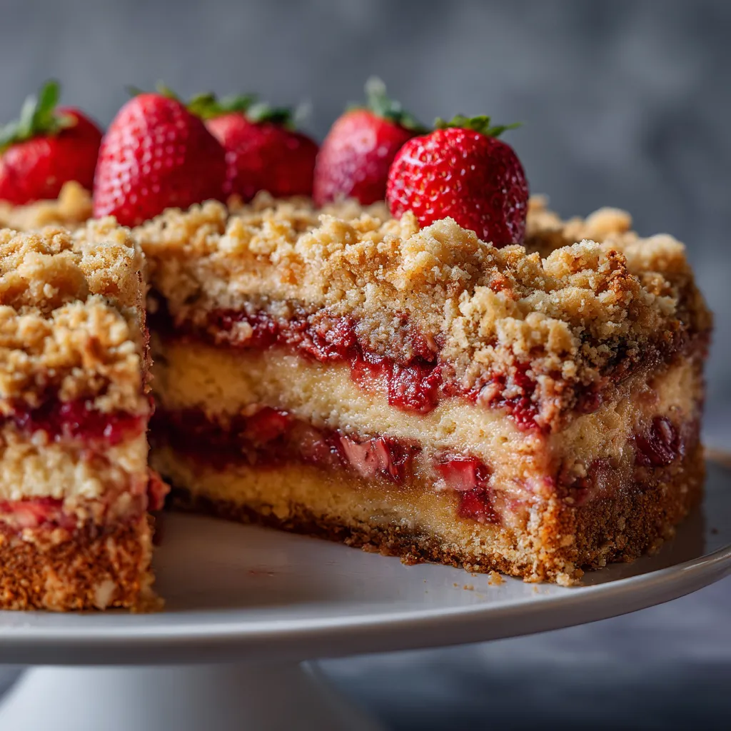 Ein Stück Strawberry Rhubarb Streusel Cake auf einem weißen Plate.