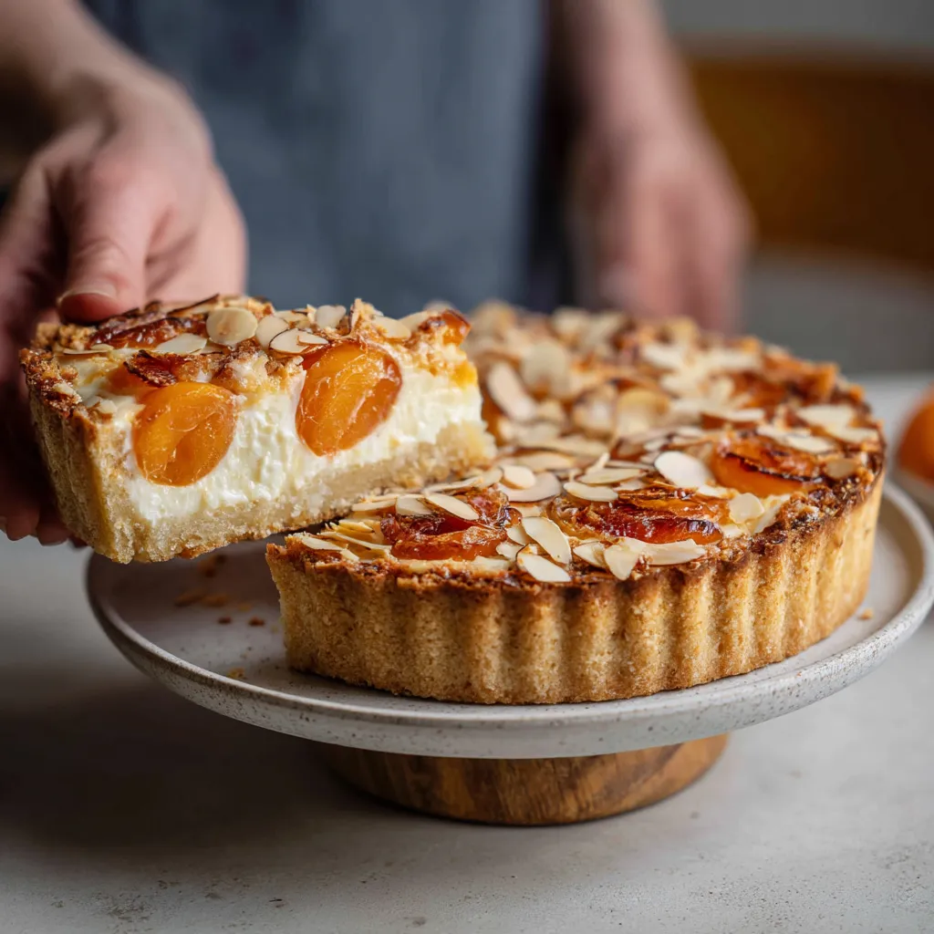 Ein Quarktart mit einer Almondkruste und einer Apricot-Topping.