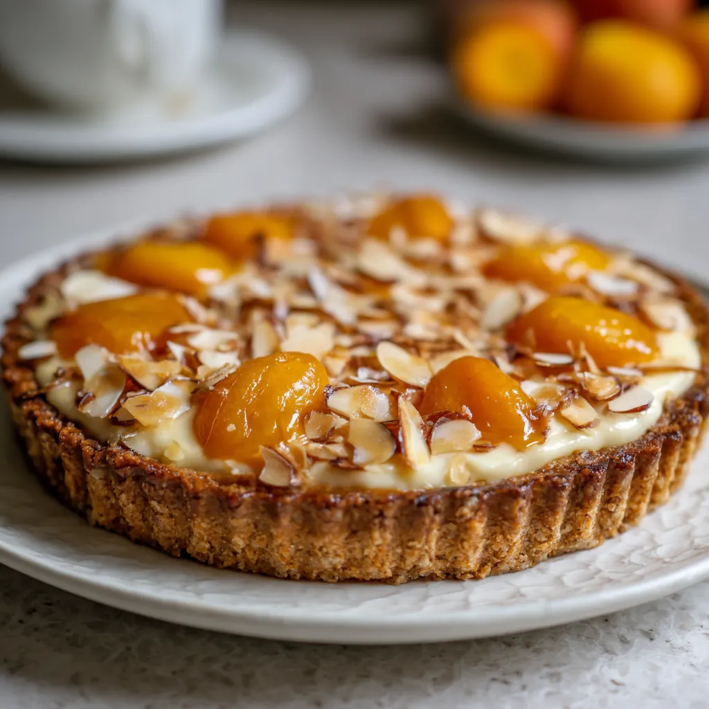 Ein Quarktart mit einer Almondkruste und Apricots.