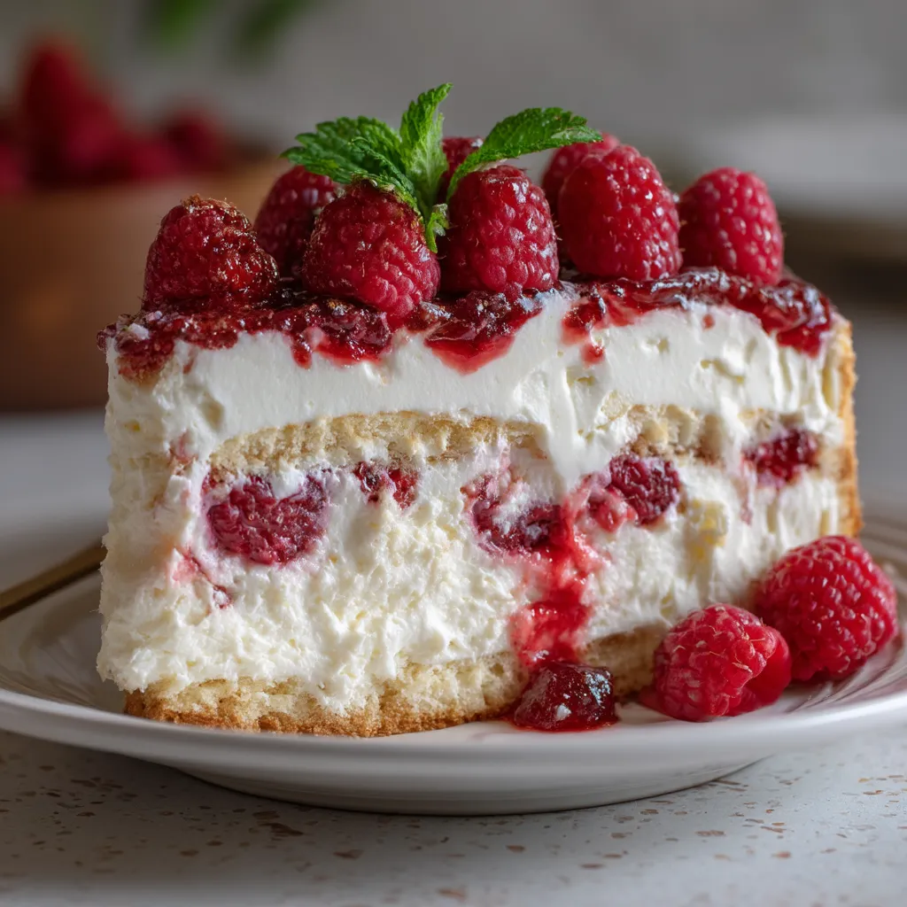 Eine Torte mit Raspberry-Creme auf einem Plate.
