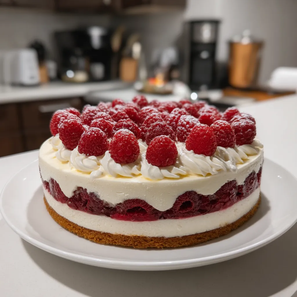 Eine Torte mit Raspberry-Creme auf einem weißen Teller.