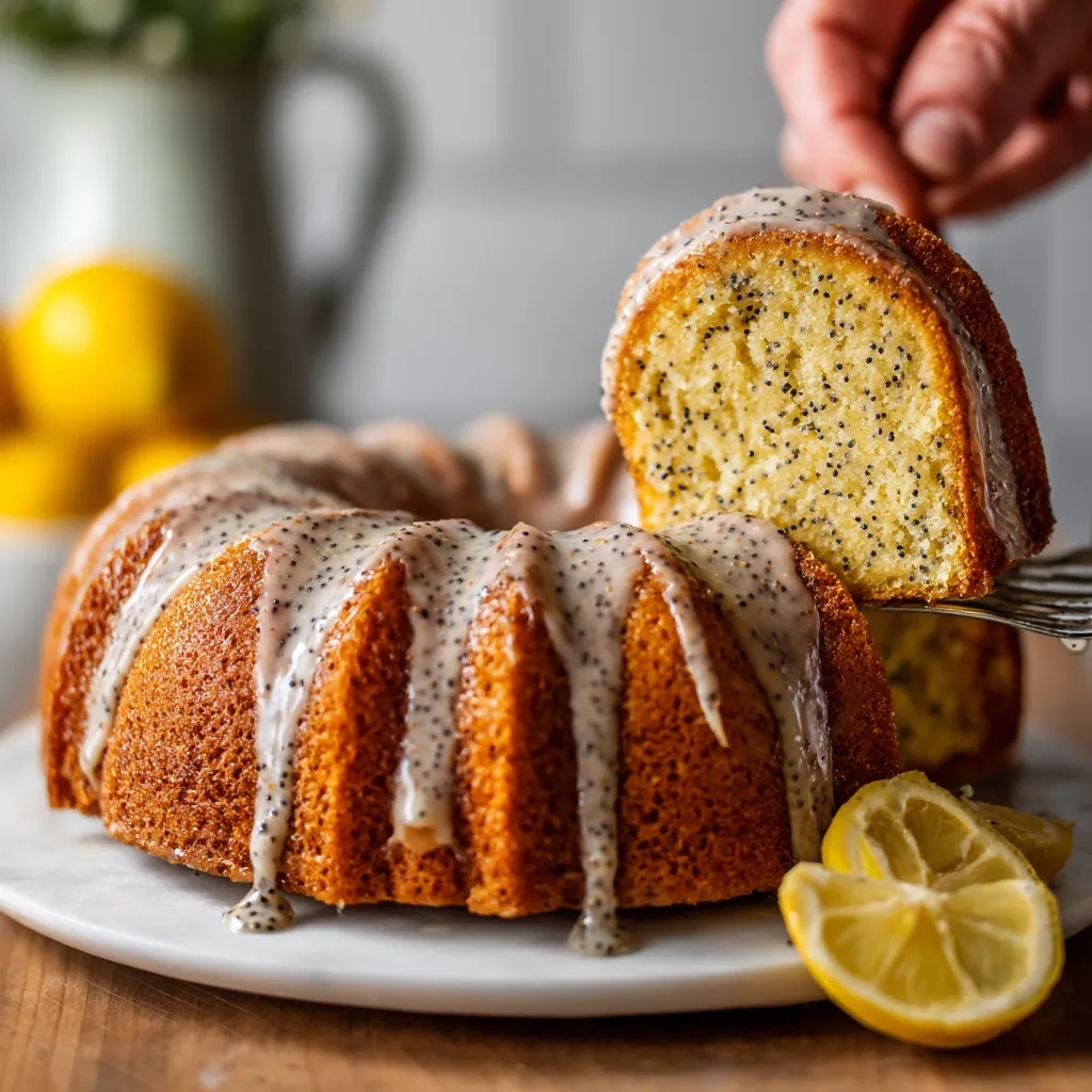 Ein Bundt-Kuchen mit einer lemon-poppyseed-Füllung wird von einer Hand gegriffen.