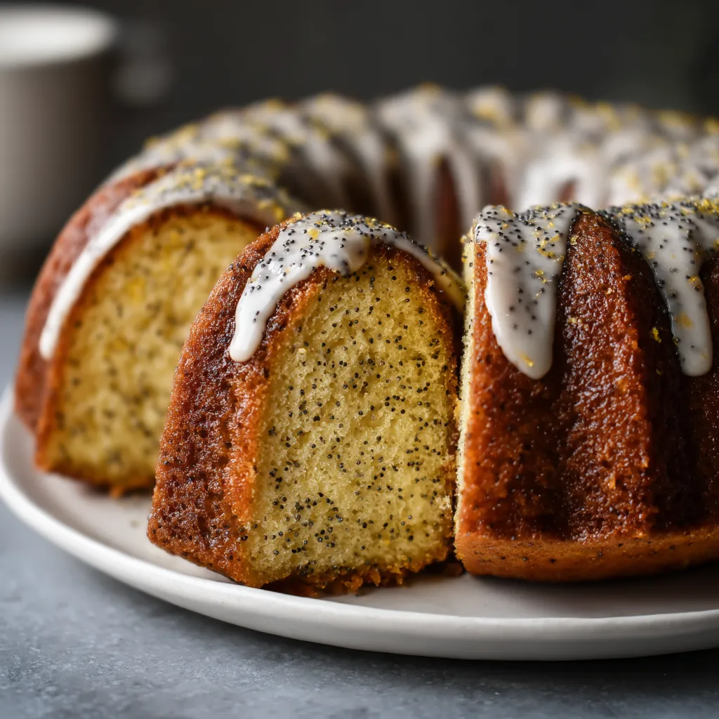 Ein Bundt-Kuchen mit einer weißen Schicht aus Zucker und Zitronenpulver.