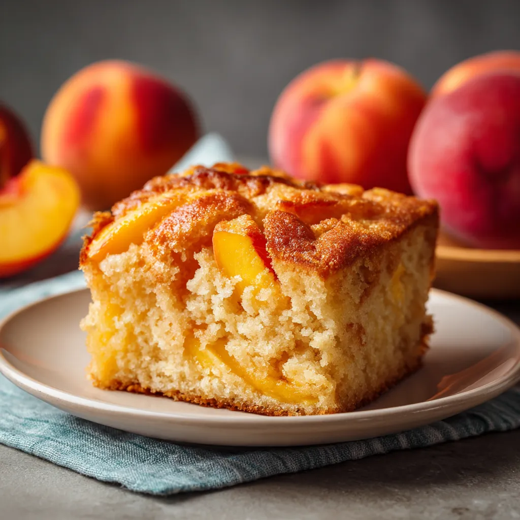 Ein Stück Peach & Vanilla Sheet Cake auf einem weißen Plate.