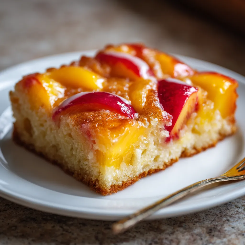 Ein Stück Peach & Vanilla Sheet Cake auf einem weißen Plate.