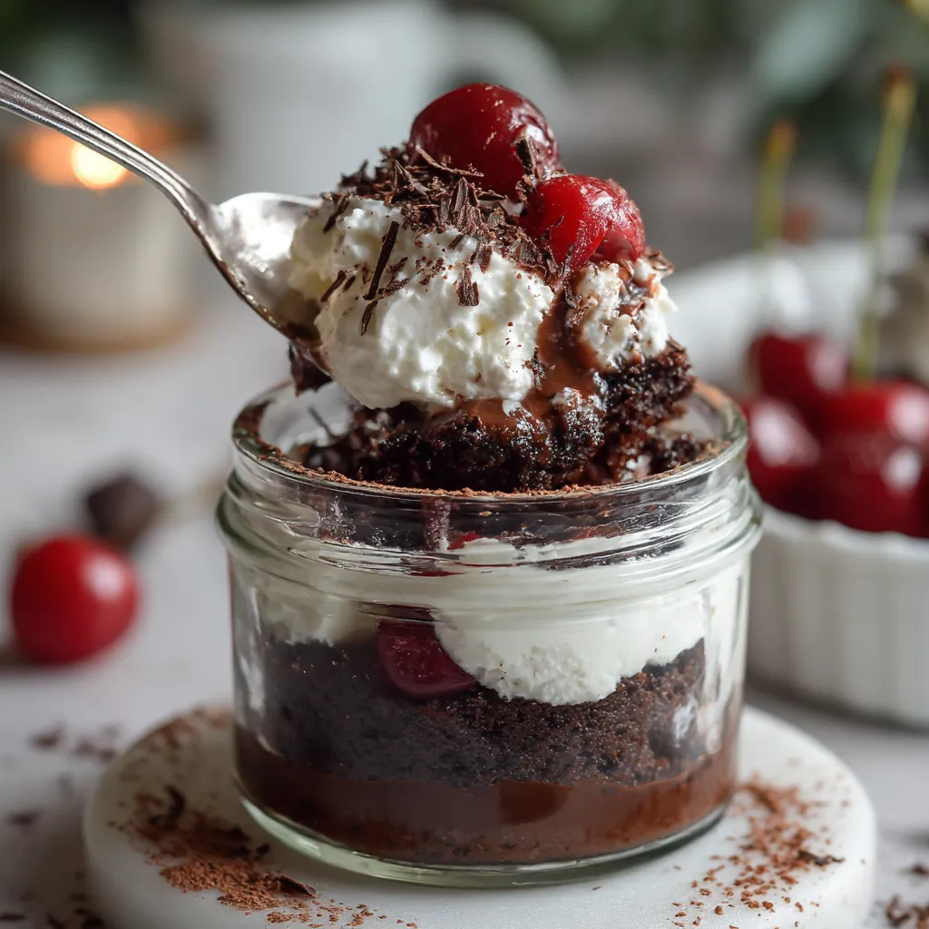 Ein Glas mit schwarzem Forstkuchen, der mit Schlagobers und Cherry garniert ist.