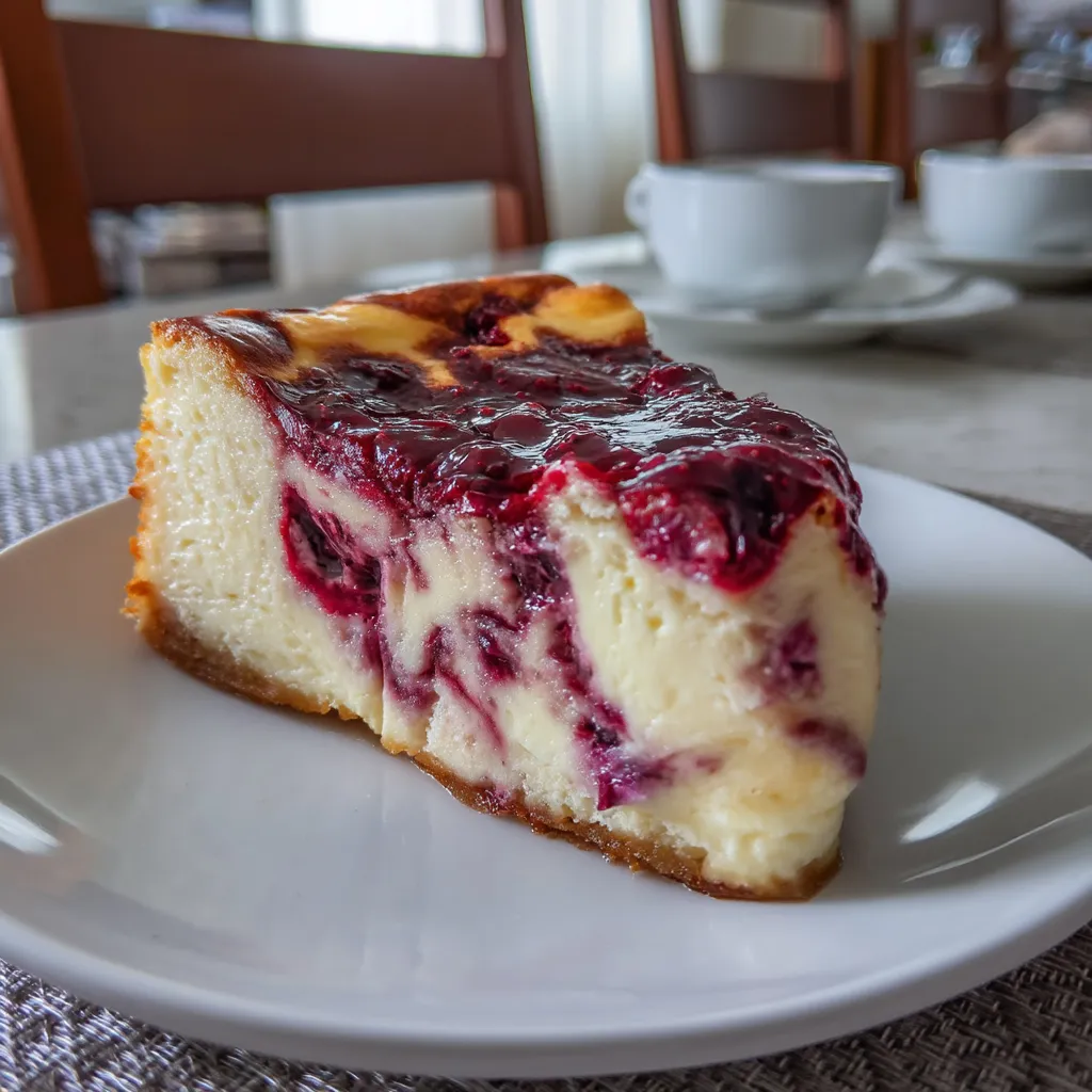 Eine süße German Cheesecake mit einer Berry-Schwirl-Zwirn auf einem weißen Teller.