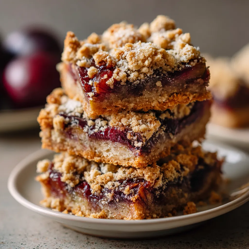 Plum Crumble Bars auf einem Plate.