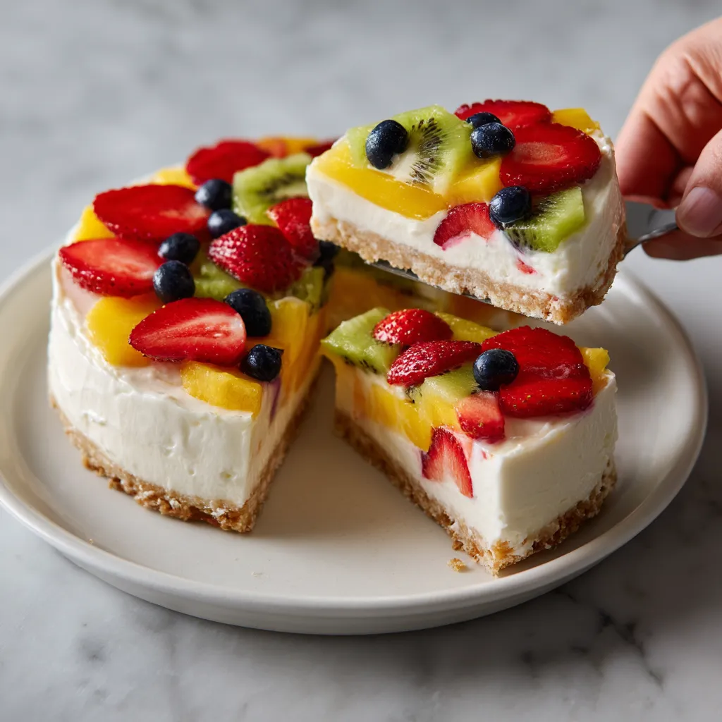 Eine Torte mit frischem Obst, darunter Strawberries, Blueberries und Kiwis, wird von einer Hand gegriffen.