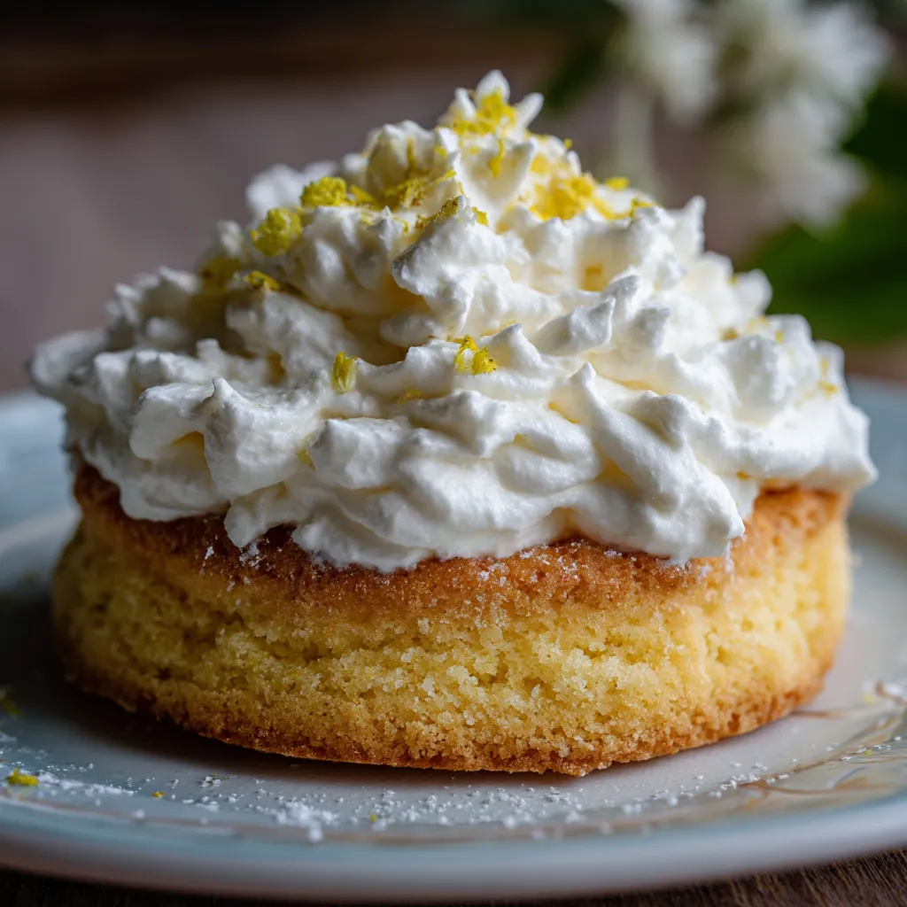 Ein Elderflower Shortcake mit Whipped Cream auf einem weißen Plate.