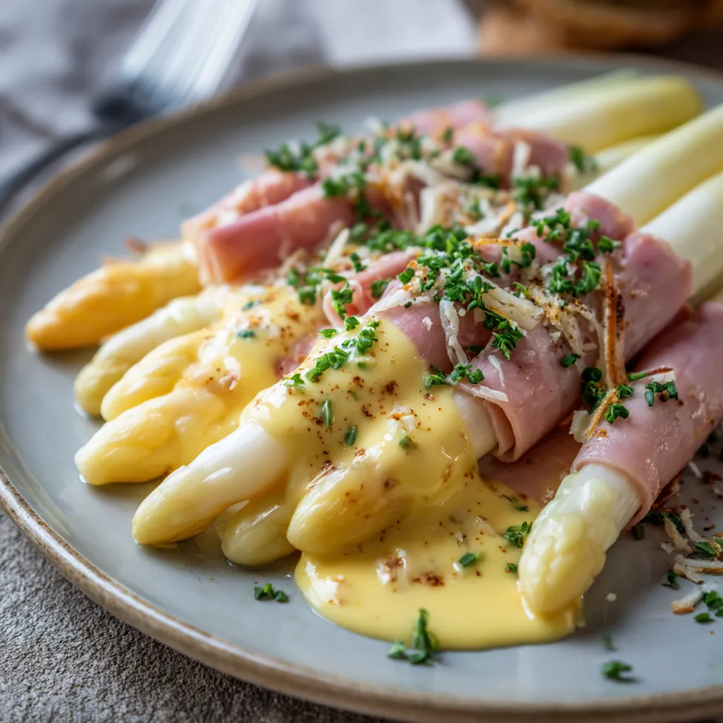 Ein Plate mit Asparagus, die mit Hollandaise und Ham garniert sind.