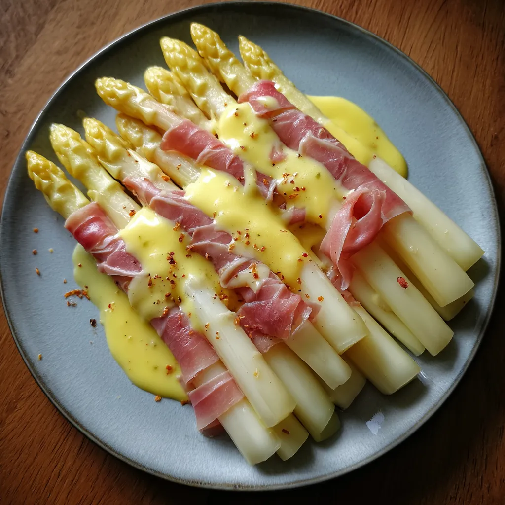 Eine Platte mit weißen Asparagusstangen, die mit Hollandaise und Ham garniert sind.