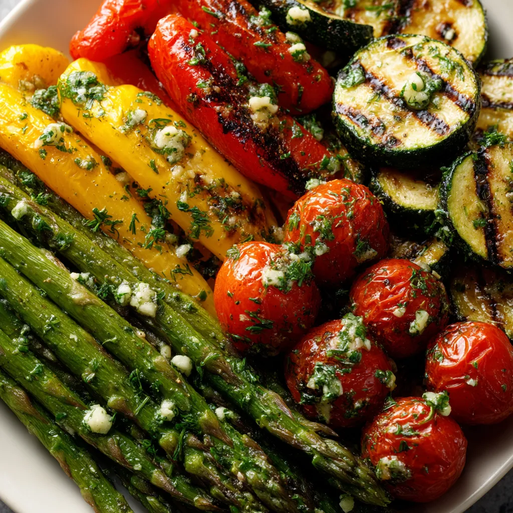 Ein weißer Teller mit einer Vielzahl von grillierten Gemüsearten wie Tomaten, Zucchini, Paprika, Karotten und mehr. Es gibt auch eine Tasse mit Butter und Kräutern darunter.