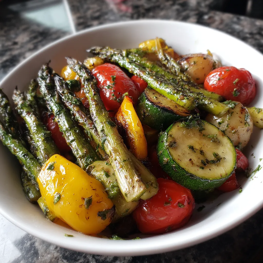 Ein weißer Teller mit grilleden Frühlingsgemüse, darunter Zucchini, Tomaten, Asparagus und Paprika, garniert mit Herb-Butter.