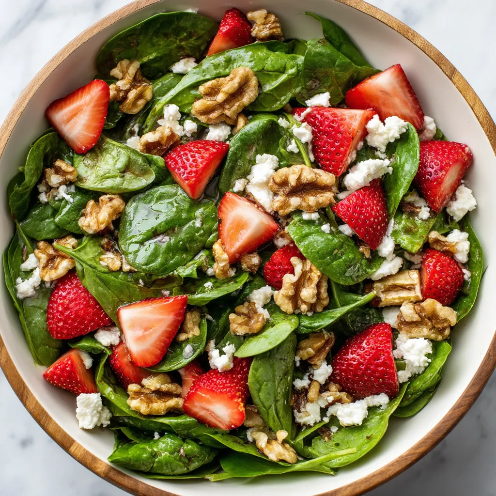 Ein großes, weißes Becher mit einer Mischung aus Spinat, Strawberries und Goat Cheese.