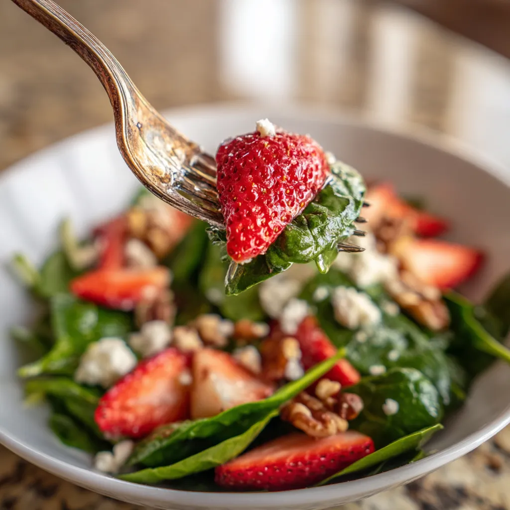 Ein Stück Strawberry wird von einem Fork in ein Spinach-Salat entnommen.