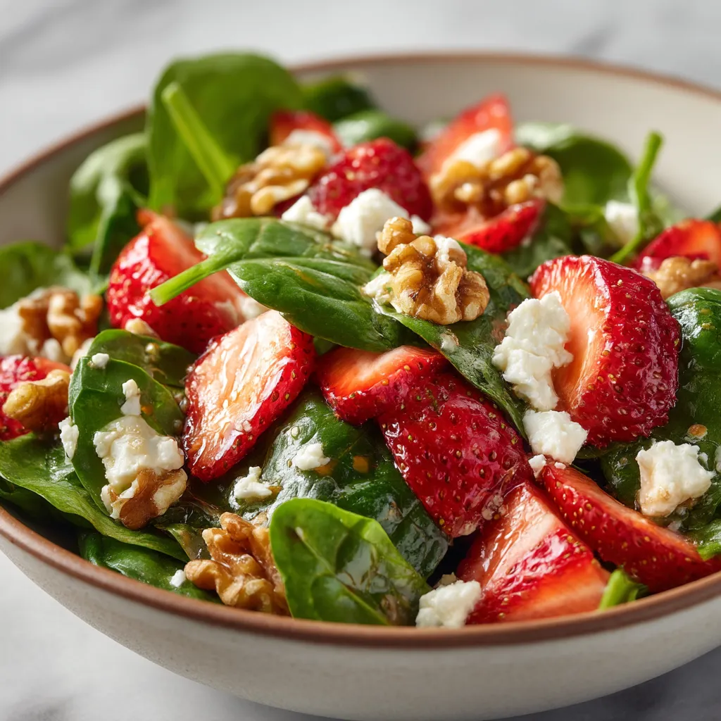 Ein großes, leckeres Strawberry Spinach Salat mit Goat Cheese in einem weißen, glatten Bowl.