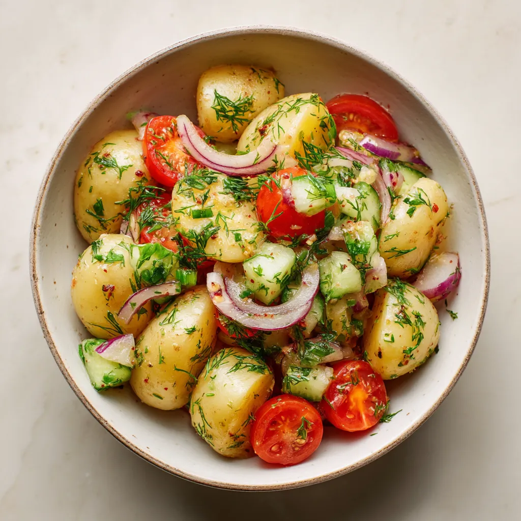 Ein Glas mit frisch zubereitetem Kartoffelsalat, der mit verschiedenen Zutaten wie Tomaten, Zwiebeln und Kräutern garniert ist.