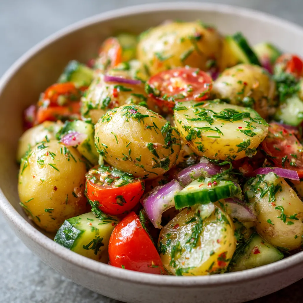 Ein Glas mit einer Mischung aus Kartoffeln, Zwiebeln, Tomaten und anderen Gemüse, garniert mit Kräutern.