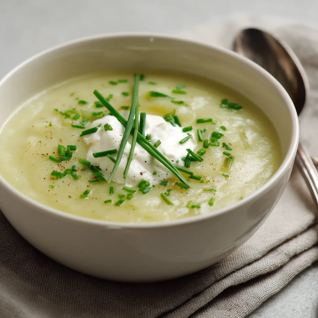 Ein weißer Becher mit einer cremigen Suppe, die mit grünen Zwiebeln und Kartoffeln zubereitet wurde.
