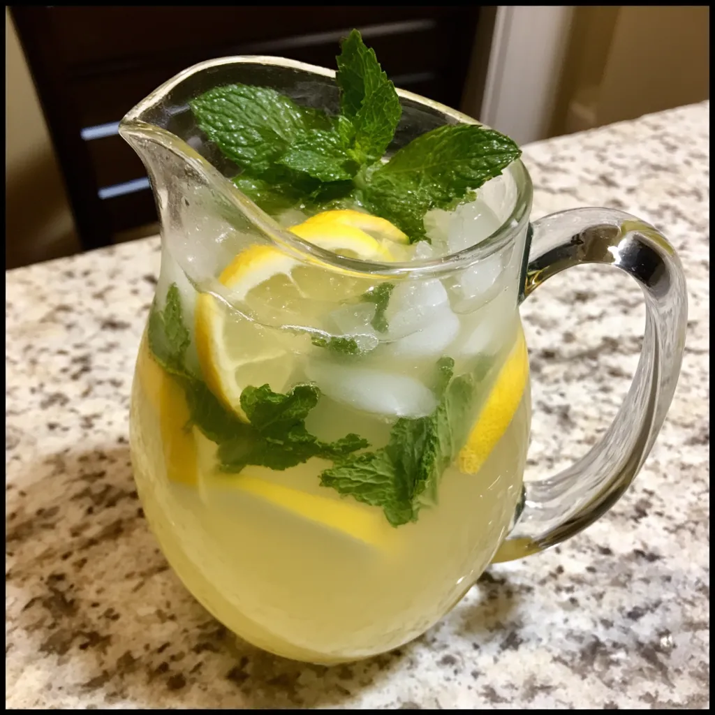 Ein Glas Elderflower Lemonade mit Mint auf einem Tisch.