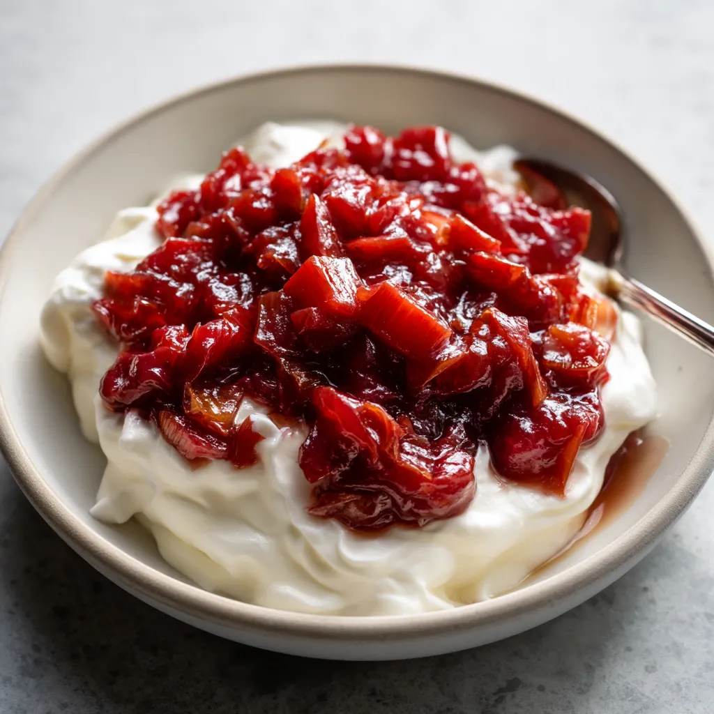 Ein weißer Teller mit einer Kompote aus Rhubarb und Vanilla Quark.