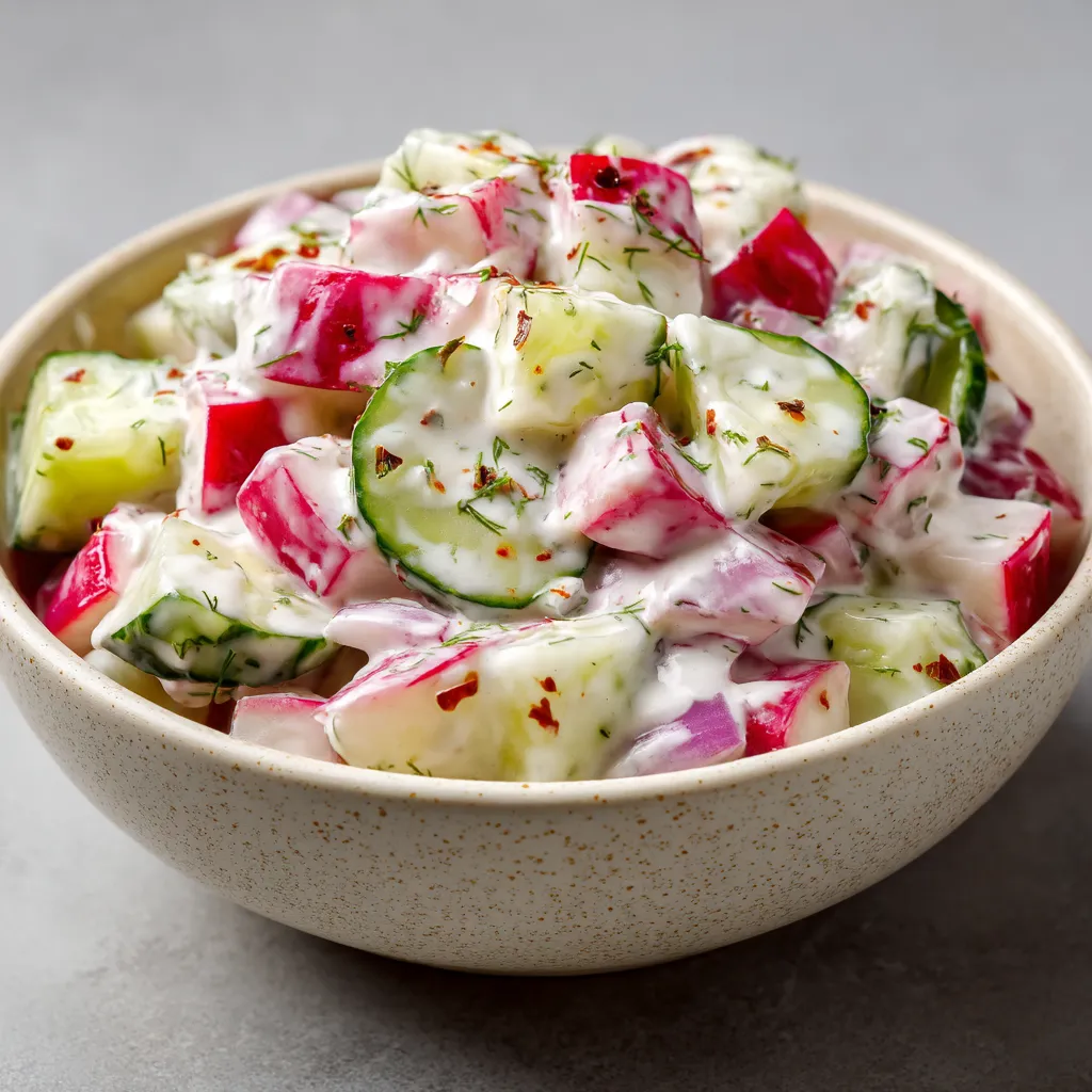 Ein Glas mit einer Mischung aus Radish und Kucumber Yogurt Salat.