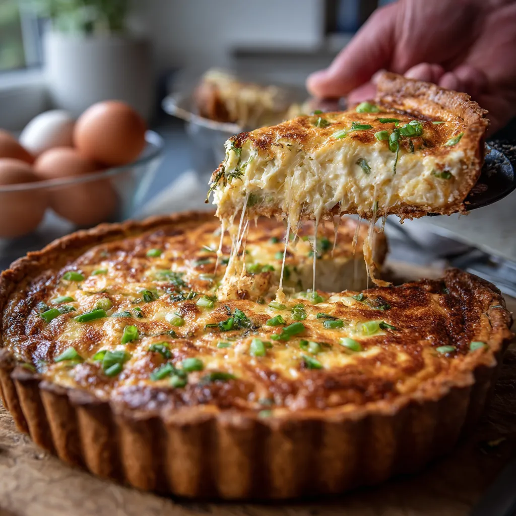 Ein Spring Onion Tart mit Sour Cream wird auf einem Teller serviert.