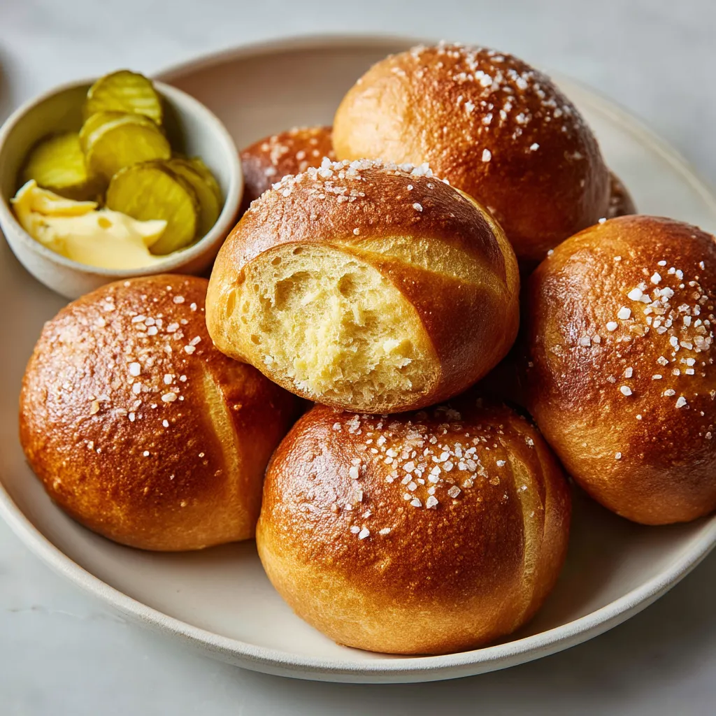 Ein Plate mit Pretzel Rolls, die mit Butter und Pickles garniert sind.