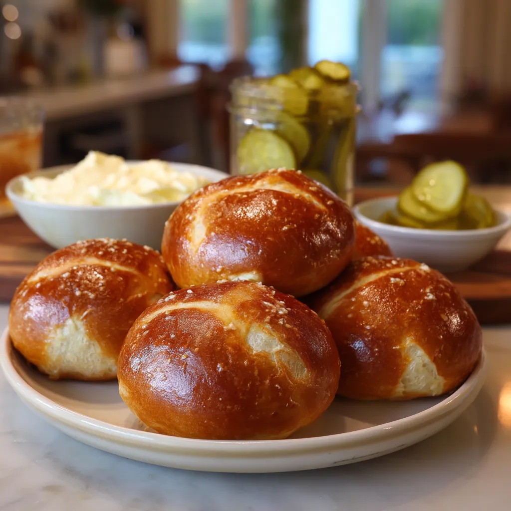 Ein Teller mit Pretzel Rolls, Butter und Pickles auf einem Tisch.